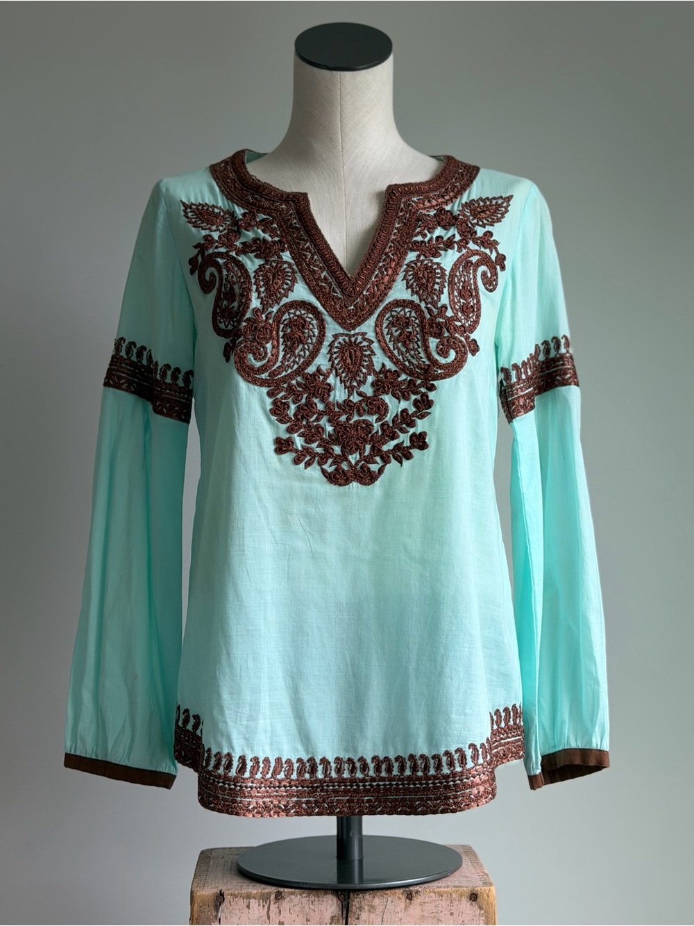 Embroidered Mint Green V-Neck Women's Blouse